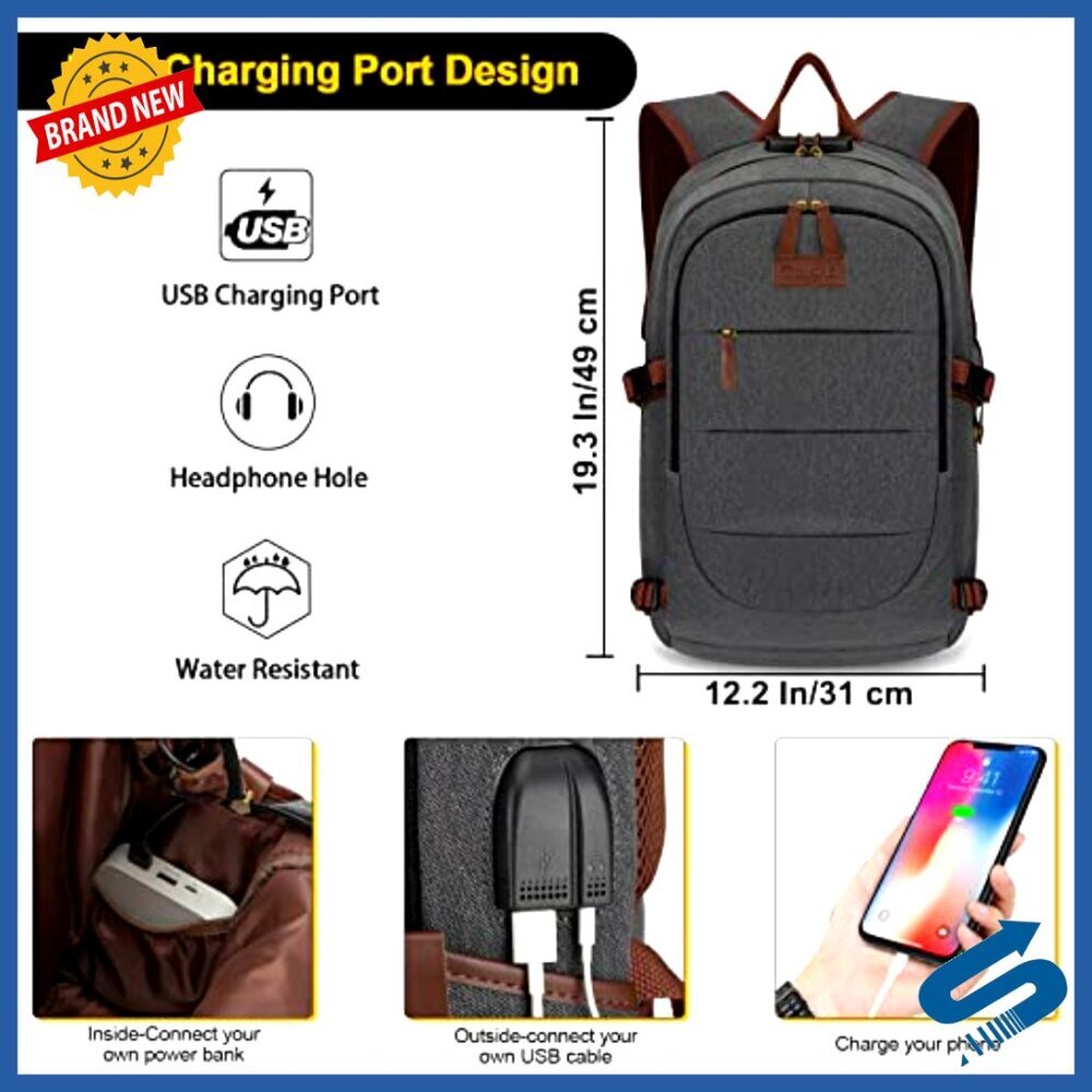 Canvas Laptop Backpack Anti-Theft Travel Work Bag USB Charging Port Lock - Picture 2 of 7